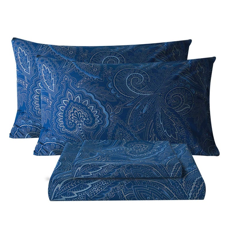 Bedlifes Queen Sheet Set Ultra Soft, Breathable, Silky Flower Deep Pocket 100% Microfiber Bedding, 4 Piece Queen Size Paisley Dark Navy Blue - Image 1